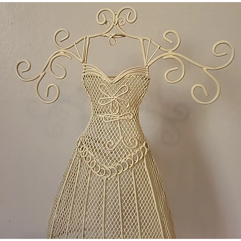 VTG White Metal Dress Shaped Jewelry Organizer Girls Women Hanger Rack 17” Tall
